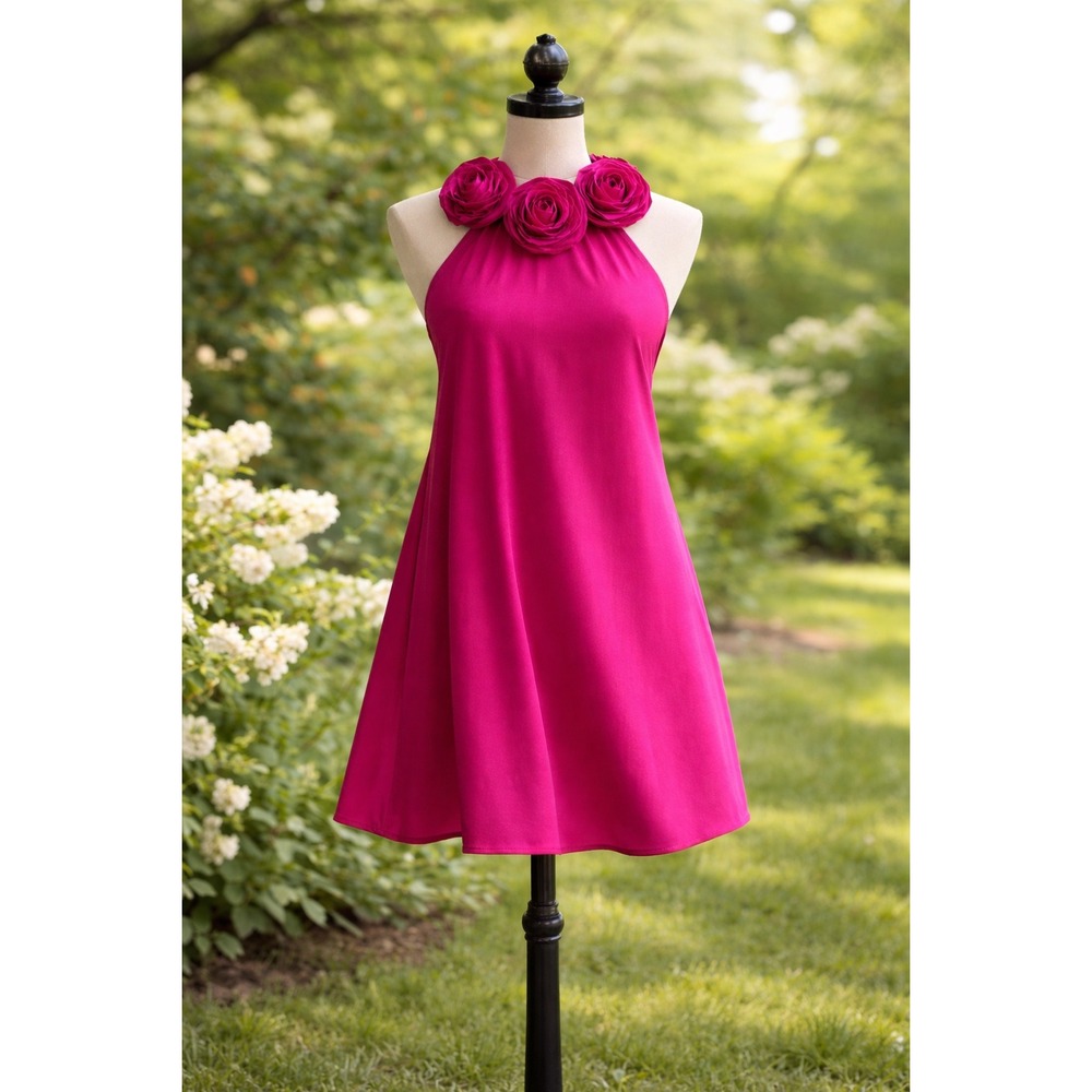 Alice + Olivia Silk Halter Dress Rosette Neck Fuchsia Pink Mini Size S Open Back